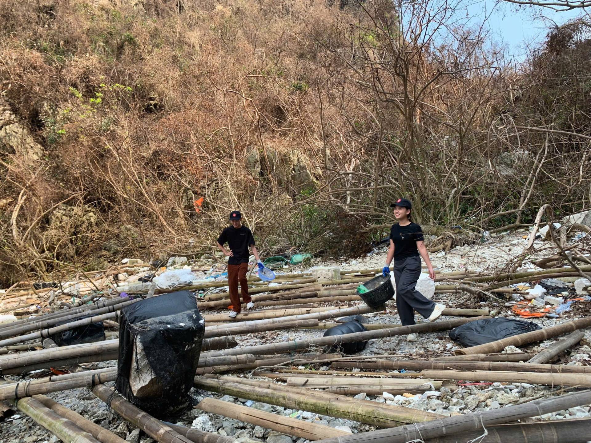 Volunteers are collecting trash and sorting it for disposal.